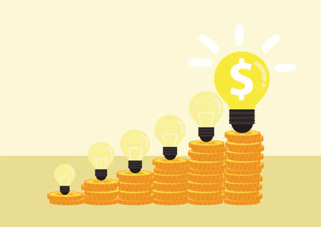 Businessman and businesswoman with a light bulb and a stack of coins.Man and woman holding glowing electric light bulb.Vector, illustration.のイラスト素材