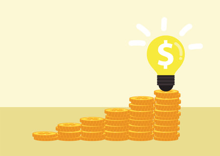 Money making idea. Light bulb with heap of coins stairs for financial plan or business idea concept. Vector, illustration.のイラスト素材