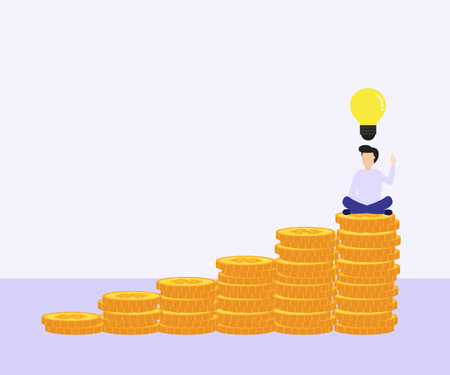 Money making idea. Light bulb with heap of coins stairs for financial plan or business idea concept. Businessman sitting yoga lotus pose on coins. Vector, illustration.のイラスト素材