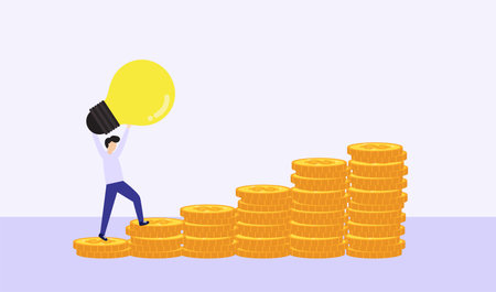 Business vision concept. Investment with idea. Businessman with bulb and coins. Goal direction. Man carry light and step up on money stack. Vector, illustration.のイラスト素材