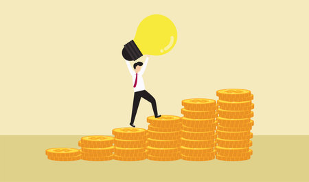 Business vision concept. Investment with idea. Businessman with bulb and coins. Goal direction. Man carry light and step up on money stack. Vector, illustration.のイラスト素材
