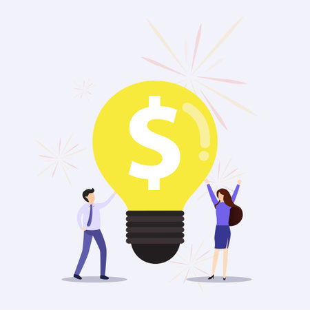Businessman and businesswoman with a light bulb and a stack of coins.Man and woman holding glowing electric light bulb.Vector, illustration.のイラスト素材