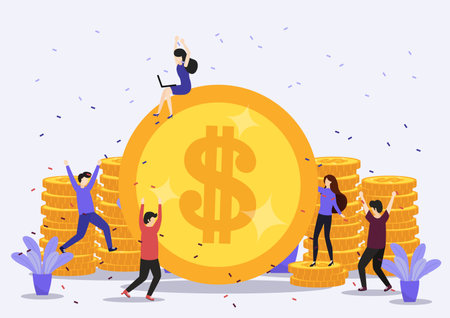 Happy businessman and businesswoman with money and coins ,sitting on coins, showing coins, carrying coins.  Vector, illustration.のイラスト素材