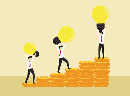 Business vision concept. Investment with idea. Businessman with bulb and coins. Goal direction. Man carry light and step up on money stack. Vector, illustration.のイラスト素材