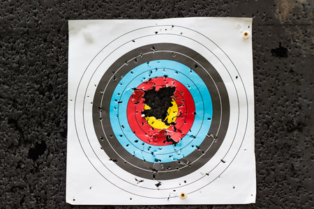 the target for practicing archery outdoors with holesの写真素材