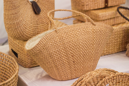 Close-up  Product Weaving A Wicker Basket By Handmade, in a market of Thailandの写真素材