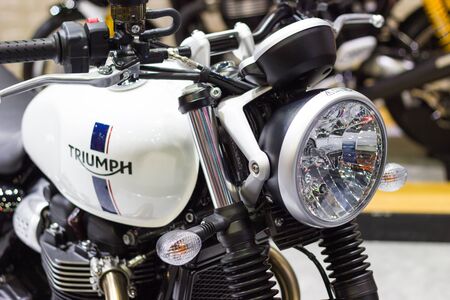 Bangkok Thailand - December 2, 2017: Detail parts of Headlight Triumph Motorcycle "Bonneville T120" at Thailand International Motor Expo 2017のeditorial素材