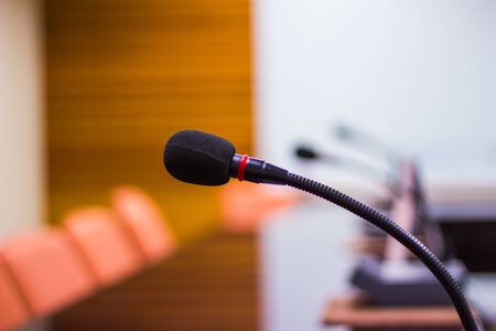close up microphone in the conference room for presentation and Training Seminarの写真素材