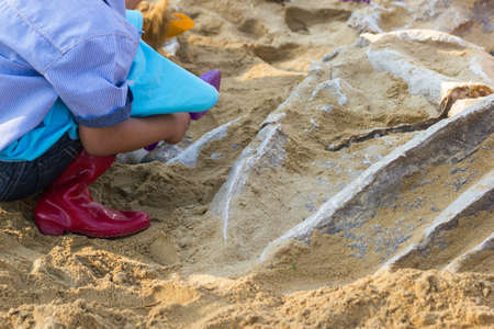 Children are learning dinosaur remains, Excavating dinosaur fossils simulation in the park.の写真素材