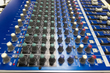 Closeup Mixing Console of a big HiFi system  The audio equipment, a control panel of digital studio...