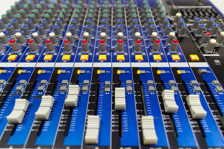 Closeup Mixing Console of a big HiFi system  The audio equipment, a control panel of digital studio mixer.の写真素材