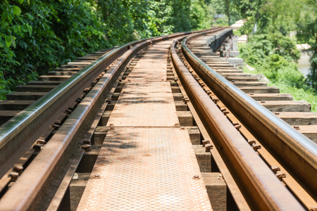 The railroad tracks are a long way straight ahead, Location kanchanaburi Thailand.の写真素材
