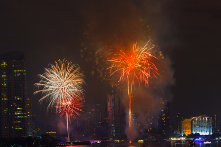 New Year Countdown Fireworks 2018 At Chao Phraya River Bangkok Thailandの写真素材