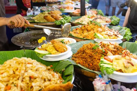 Thai foods style Rice and Curry Thai street foods at market Bangkok of Thailand.の写真素材