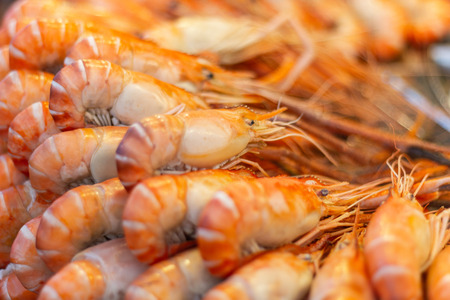 Grilled shrimps seafood on the table in market of Bangkok Thailand