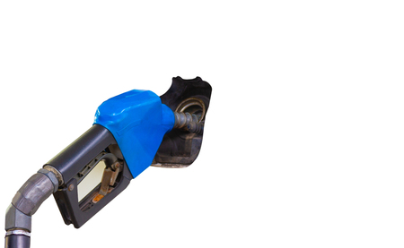 Gasoline dispenser nozzle fuel fill oil into car tank isolated white background copy space.の写真素材
