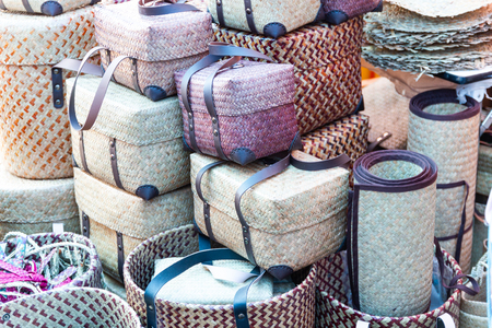 Product Weaving A Wicker Basket By Handmade, Product work in the family industry. sale in a market of Thailandの写真素材