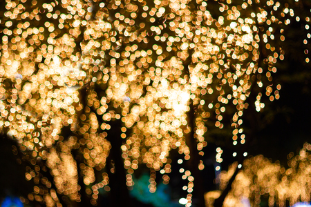 Blurred image Decorative outdoor string lights hanging on tree in the garden at night time festivals season - decorative Christmas lights - happy new yearの写真素材