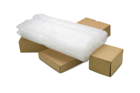 plastic wrap, for protection parcel product cracked or insurance During transit isolated and white backgroundの写真素材