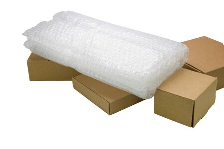 Bubbles covering the box by bubble wrap for protection product cracked During transit - isolated white backgroundの写真素材