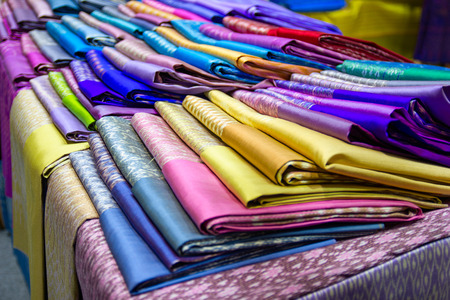 Bangkok, Thailand - June 22, 2019: Thai silk fabric - Handmade woven fabrics of Thai silk textiles...