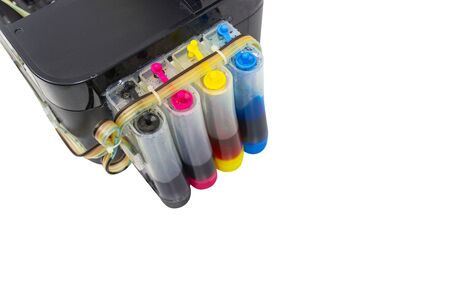 color tank on inkjet printer with Installed on the outside of the printer isolated white background...