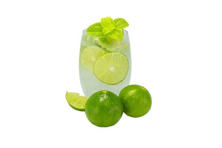 mojito cocktail with lime and mint in glass for hot summer days and good for health isolated white
