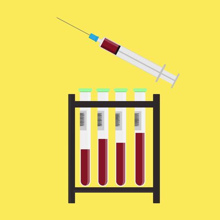 Blood in syringe and glass Blood Collection, drawing vector illustration isolated yellows background, medical conceptのイラスト素材