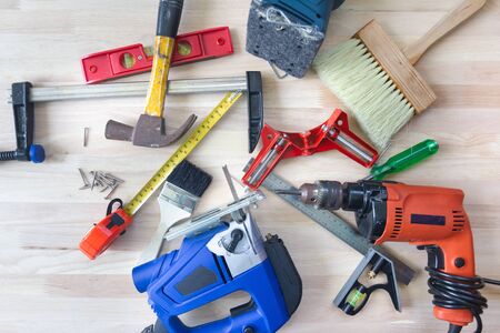Electric drill, nut, tape measure, electric saw, ruler, screwdriver,hammer, object Tools for...