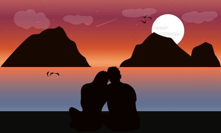 image silhouette twilight with the couple on the beach and moon background, design vector illustrationのイラスト素材