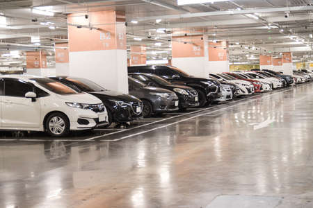Bangkok Thailand :- june 6, 2020: Parking lot in the building with Orderly park the car along the dividing lineのeditorial素材