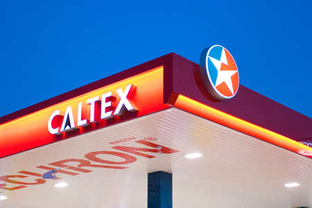BANGKOK THAILAND :- JULY 15,  2020 : LOGO CALTEX OIL Station, Fueling stations Refuel service for...