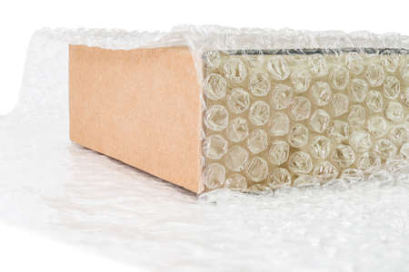 Bubbles covering the box for protection product cracked isolated white backgroundの写真素材