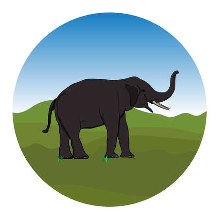 graphics design logo elephant standing with mountain background vector Illustrationのイラスト素材