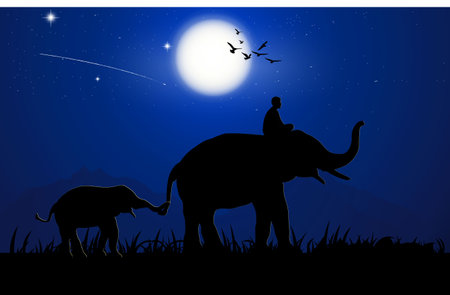 silhouette image Black elephant walking at the forest with mountain and Moon background Evening light vector Illustration&#xD;&#xA;のイラスト素材