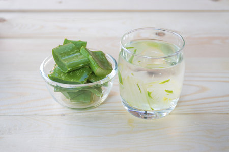 Aloe Vera for drinking on wood tableの写真素材