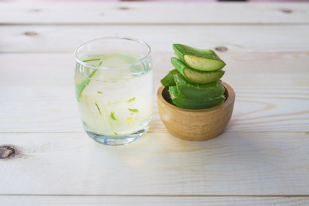 Aloe Vera for drinking on wood tableの写真素材