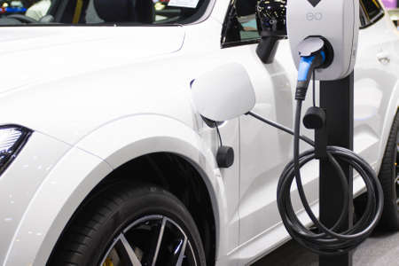 Bangkok Thailand :- Dec 2, 2020 : Volvo Cars with charging the battery for the car new Automotive Innovations the power supply pluggedのeditorial素材