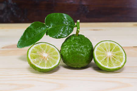 fresh fruits bergamot on wood table.の写真素材