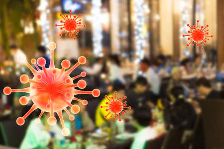 image blurred and covid graphics Concept Coronavirus Covid spread in restaurants in crowded pubs significant risks of transmission still remain Covid19の写真素材