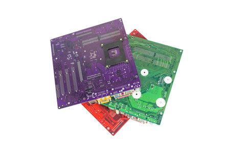 Electronic waste of mainboard computer - old computer circuit boards from recycle industry isolated...