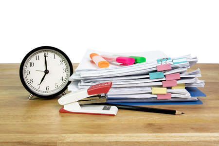 folder file, glasses and clock on wood table concept Office equipment in work time