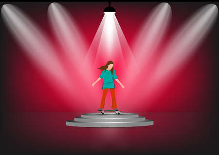 vector image girl cartoon character riding a skateboard or surf skate standing on podium with...
