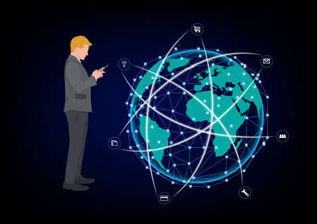 Businessman standing and using smartphone for connection technology, concept using smartphone for connection to Global network connectionのイラスト素材