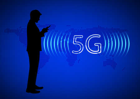 silhouette Businessman using smartphone connection technology 5G, concept using smartphone Global network connection vector illustrationのイラスト素材