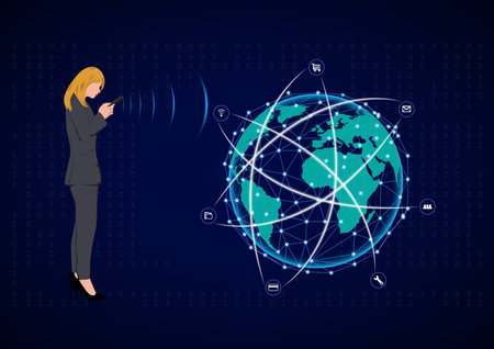 Business woman standing and using smartphone for connection by technology, concept Anytime Anywhere connection to Global network vector illustrationのイラスト素材