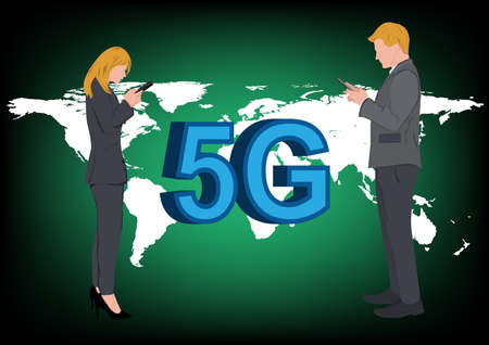 Business woman and man standing and using smartphone for connection by technology, concept Anytime...