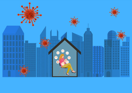 woman using smartphone shopping online at home by mobile, concept Stay at home reduce the risk Covid-19 vector illustrationのイラスト素材