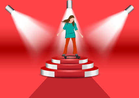 graphics image girl cartoon character riding a skateboard or surf skate standing on podium with spotlight red background vector illustrationのイラスト素材