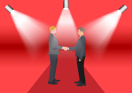 Drawing Graphics businessman shaking hands for successful negotiation for business with spotlight for show with red backgroundのイラスト素材